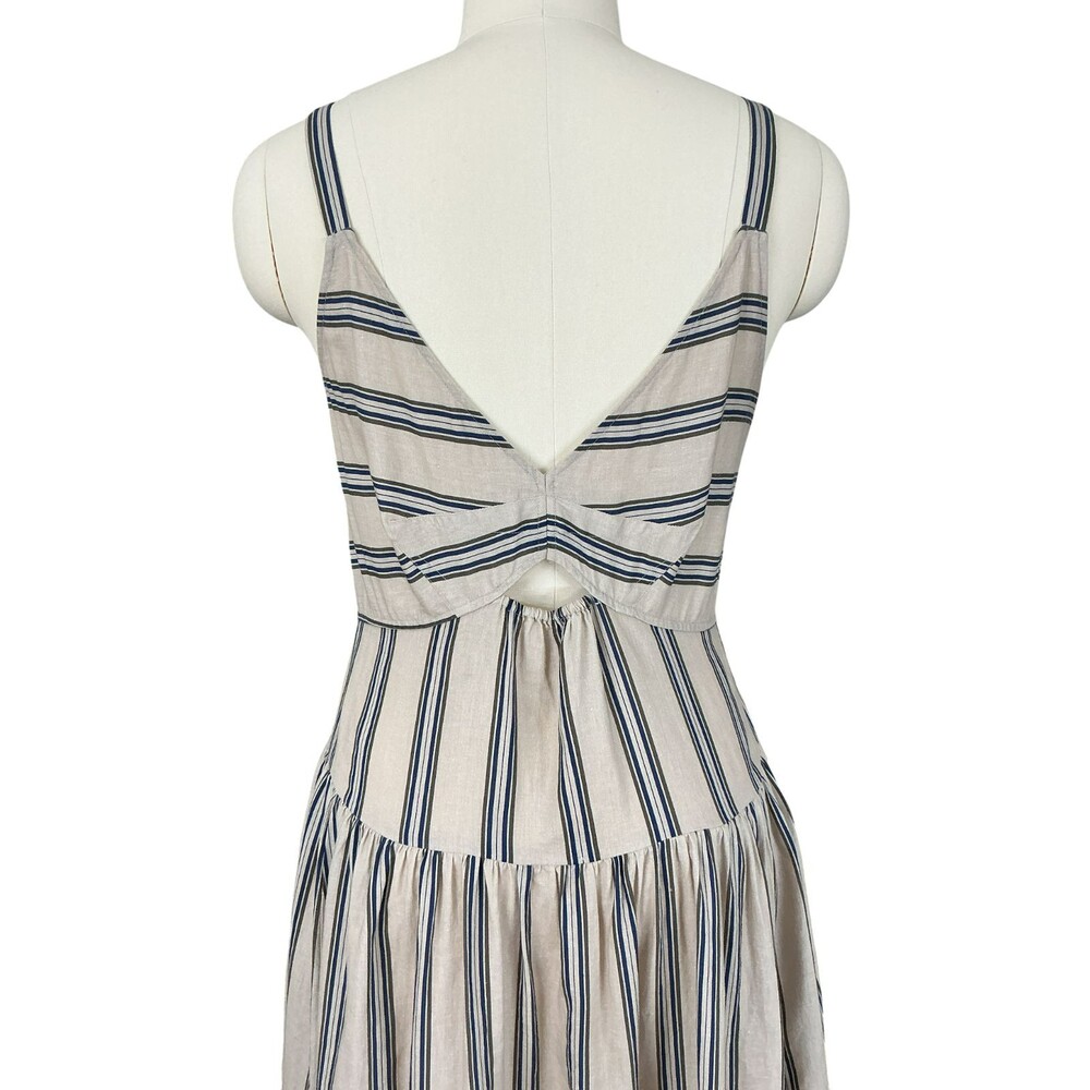 Anthropologie Plenty Linen Fit & Flare Midi Dress L Beige Striped Cutout Tiered - Picture 11 of 16